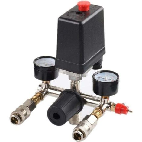 Interruptor de presión para compresor de aire G1/4" con salidas dobles y regulador de manómetro con válvula de seguridad, accesorio para herramientas neumáticas SF20