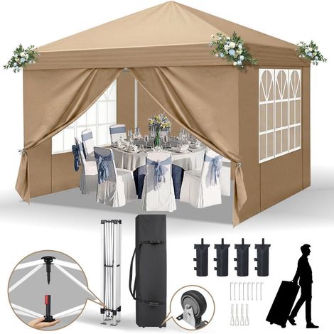 Faltpavillon 3x3m, wasserdicht, UV-Schutz 50+, mit 4 Seitenteilen, Khaki (1/5)