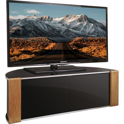 MDA Designs Sirius 1200 Beam Thru Remote-Friendly Gloss Black with Walnut & Oak Interchangeable Trims 32"-52" Flat Screen TV Cabinet (1/5)
