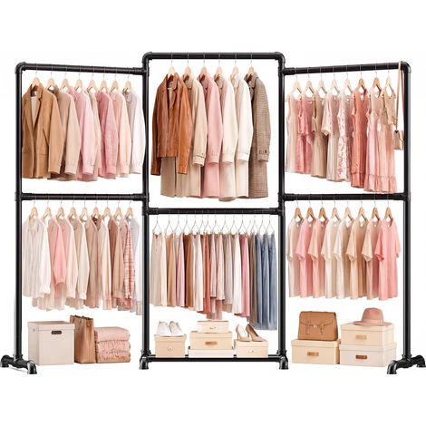 Porte-manteau robuste avec 6 tringles à vêtements, porte-vêtements et étagère en métal, flexible, forme L/U, réglable, armoire ouverte, charge maximale de 300 kg, noir (1/5)