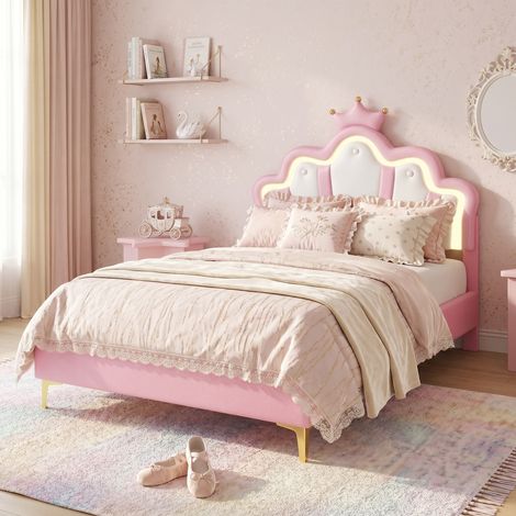 Superaly Lit Simple Rembourré 90x200 cm, Lit d'Enfant avec Lumière LED télécommandée, Tête de Lit Réglable, Lit Crown Princess pour Fille, Sommier à Lattes, Matériau PU,Rose