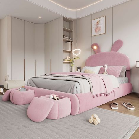 Lit coffre 140x200 cm, lit double en velours rose, tête de lit oreilles de lapin, LED réglable, 2 poufs de rangement, sommier inclus (1/5)