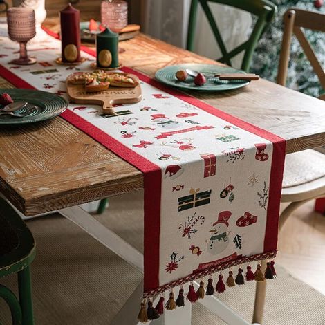 Christmas Table Runner 70 inches Long, Red and White Xmas Table Runner with Tassels, Snowman Reindeer Dinning Table Dresser Scarf for Dinning Room Holiday Christmas Decoration(14x70 Inch) (1/4)
