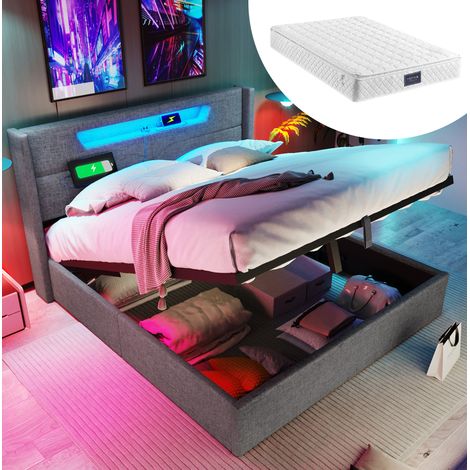 Bett 140x200 cm mit Stauraum, grauer Leinenbezug, LED-Kopfteil mit USB und Type-C, Lattenrost und Matratze (1/5)