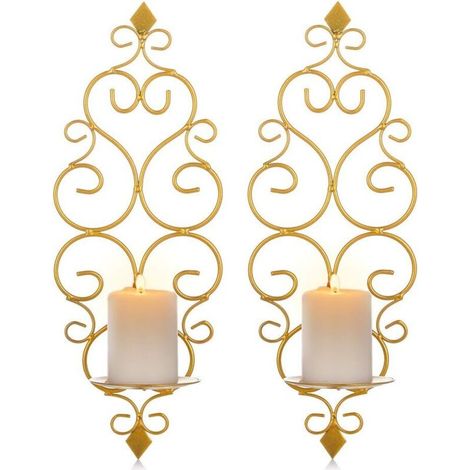 Lot de 2 Bougeoirs Photophore Chandelier Porte Bougie Mural Murale Muraux en Métal, Bougeoir pour Mur Chambre Salle de Bains Salon Decoration, Or (1/5)