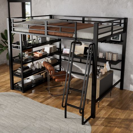 MEUBLIV Hochbett 140x200 cm schwarz – mit Stauraum und Ladeanschluss, ohne Matratze (1/4)
