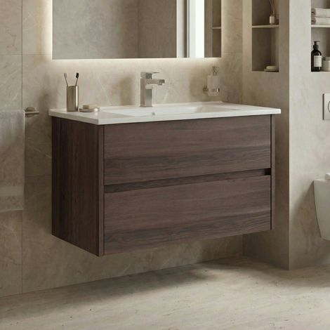 Meuble vasque suspendu 85 cm décor bois foncé 2 tiroirs MOANA (1/4)