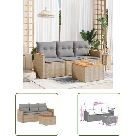 The Living Store Salon de jardin avec coussins 4 pcs beige résine tressée - Ensemble Salon Jardin - Meuble Extérieur - Résine Tressée - Rotin Synthétique - Canapé Jardin (1/3)