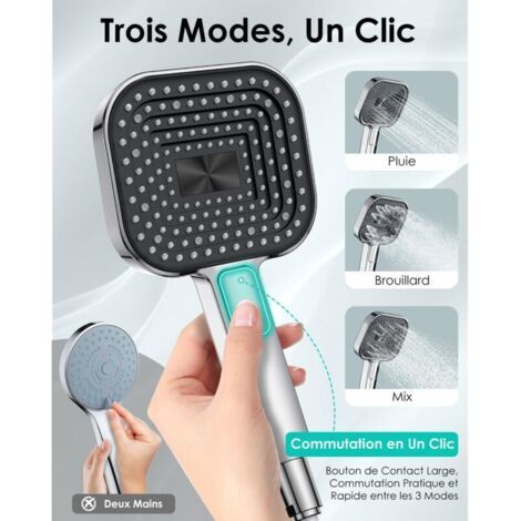 NALOOKAMIC  Pommeau de douche carré moderne avec flexible et support réglable, pommeau de douche haute pression pour maison et camping-car, chromé