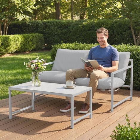 Conjunto de muebles de jardín de 2 piezas, sofá con cojines, mesa de centro de cristal templado con efecto mármol 3D, 125x80x64cm, gris claro.