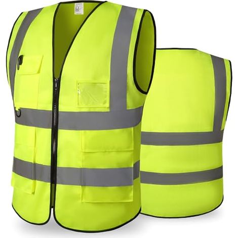 Gilet di sicurezza ad alta visibilità per uomo e donna con tasche, gilet riflettente per bicicletta con cerniera, gilet da lavoro