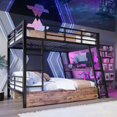 Lit mezzanine, 140x200 cm, lit double avec éclairage LED, tiroir et table, en métal, noir, sans matelas (1/5)