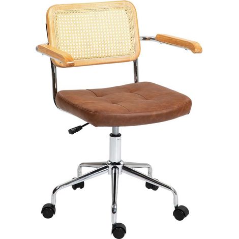 Chaise de bureau marron en rotin synthétique inclinable, 82-90 cm, style naturel et vintage confortable