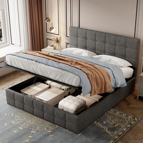 4ft6 Double Upholstered Storage Bed Frame, Velvet Ottoman Bed with Hydraulic Storage, Double Bed with Adjustable Button Tufted Headboard, Metal-Wood Support, No Mattress, Grey