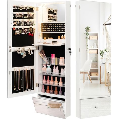 GOPLUS Armoire à Bijoux Verrouillable-Miroir Pleine Longueur-Lumières LED 3 Couleurs-Étagère de Maquillage Pliable Blanc (1/5)