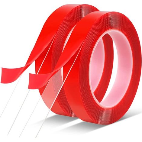 Zwei Stücke hochbelastbares, doppelseitiges Klebeband (18 mm breit, 10 Meter lang), transparent, wasserfest und ablösbar, zur Teppichreparatur. (1/5)