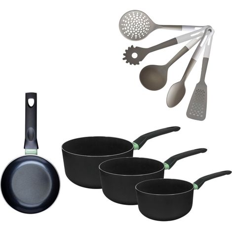 Poêle 16cm et 3 Casseroles 16/18/20cm sans PFAS Fackelmann Brandao avec 5 ustensiles Vario (1/5)