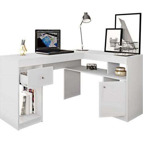 Bureau d'Angle Blanc avec Caisson et Rangements L 137.2 H 75.5 P 111.6 cm (1/5)