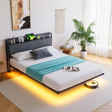 120 x 200 cm Floating Bed Frame with LED Lights and USB Charging Dock, Metal Bed Frame with Padded Head Storage, Metal Slats Heavy Duty, Noise-Free, Dark Grey (1/5)