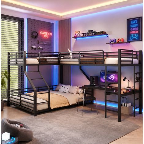 Litera triple con escritorio, 3 plazas, 298 x 204,5 x 175 cm, metal y MDF, negro HAVRYA (1/5)