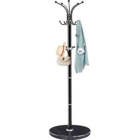 Porte-manteau moderne en métal autonome avec base en marbre naturel, design rotatif à 360° avec 14 crochets, arbre à manteaux pour sacs, chapeaux, entrée, bureau (1/5)