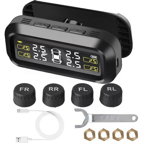 Sistema de monitoreo de presión de neumáticos (TPMS) con advertencia de temperatura y 4 sensores externos. Monitor de presión de neumáticos para automóviles con energía solar. (1/5)