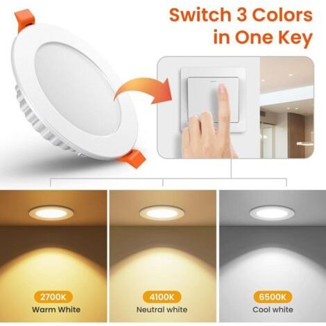 Spot LED Encastrable 7W 600LM, IP44 éclairage Encastré Spot de Plafond 110-220V pour Salle de Bain Salon Cuisine [2700-4100-6500K] [27mm Profondeur de l'évidement] [Ø75-95mm Trou ] [Pack de 6]-Baiser (1/4)