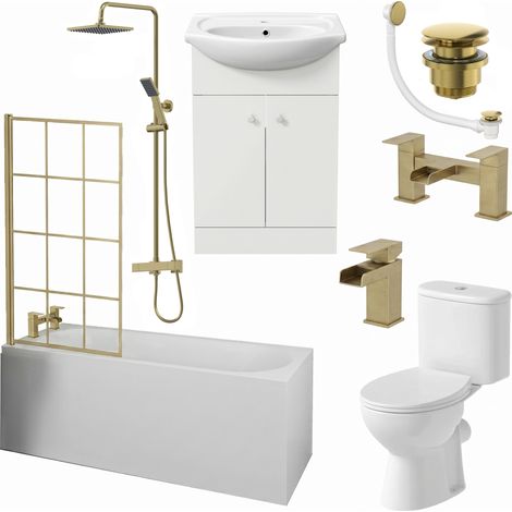 Aquari Complete Bathroom Suite Brass Bath Shower Screen Basin Vanity Taps Toilet 1700 (1/5)