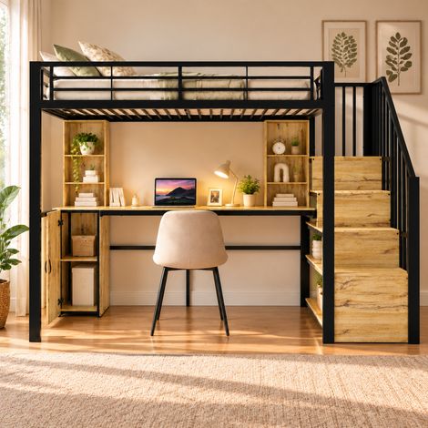 Lit haut en métal, 90 x 200 cm, avec structure en fer stable, bureau pratique, fentes, armoire, escalier de rangement et port de charge USB à la table . , sans matelas, en noir (1/5)