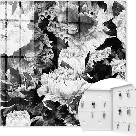 Armoire à clés - (30 cm x 30 cm) - Boîte à clés murale - Coffret de rangement pour clés - Couleur blanche - Ouverture vers la droite - Pour maison et bureau - Fleurs noires et blanches
