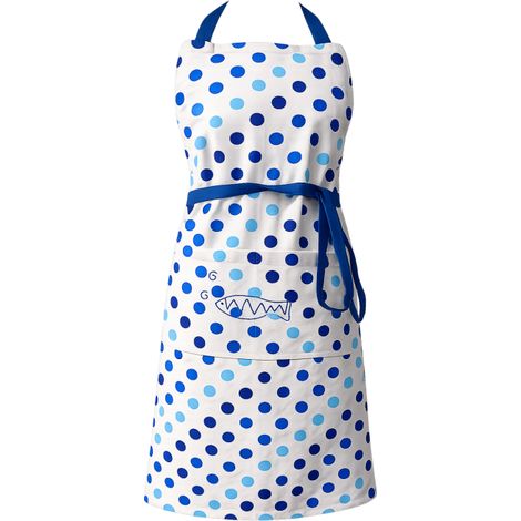 Tablier de cuisine à pois bleus avec poche brodée poisson – Coton - 80x90cm - Bleu (1/2)