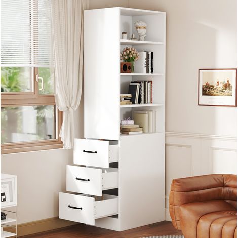 Scaffale alto 60x38x180 cm con 3 cassetti laterali, 4 scomparti di cui 2 regolabili, ideale per piccoli spazi, bianco (1/5)
