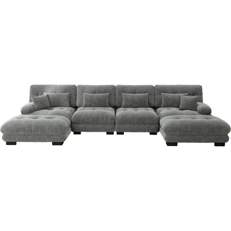 Sofá modular en U de 4 plazas en chenilla gris con otomana móvil MODENUIT (1/5)