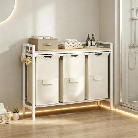 Panier à Linge 3 Bacs Amovibles 3x40L Meuble Rangement avec Plateau pour Salle de Bain Buanderie Bois Métal Tissu Oxford (1/5)