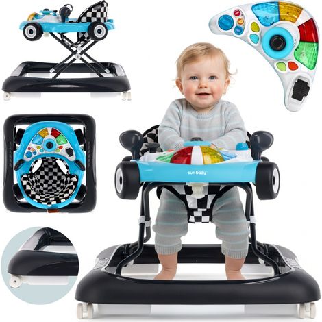 Trotteur interactif pour bébé, turquoise et noir, voiture de course