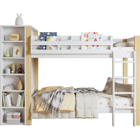 Lit superposé enfant 90x200 avec escalier 4 marches, armoire latérale, 6 étagères ouvertes, sécurité EN747, blanc naturel - CHICFURN (1/5)