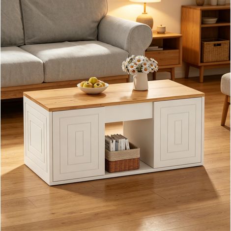 REDOM - Mesa de centro - 46x95x45 cm - altura regulable - almacenaje con 2 puertas - 6 compartimentos - tablero de partículas - blanco y natural (1/5)