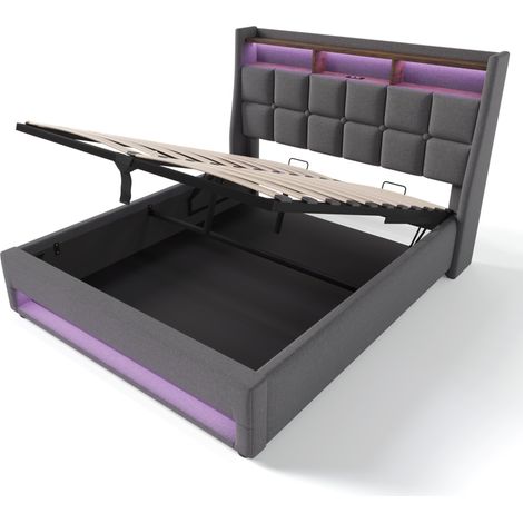 Cama canapé tapizada 160x200 cm con USB y LED, marco de lino gris, estructura metálica HOMVRA (1/5)