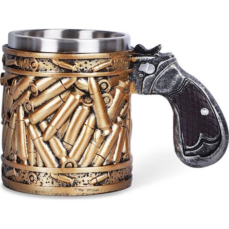 Mug 44 cl à motif pistolet - Mug en acier inoxydable pour café/bière avec poignée de pistolet et motif de balle - Idée cadeau pour la fête des pères et les anniversaires (hommes) (1/5)