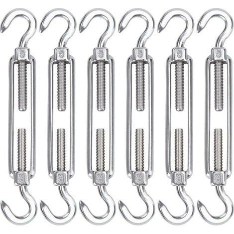 M5 Edelstahl-Kabelspanner, 6er-Pack verstellbare, robuste Drahthaken für Seile, Kabel, Drähte, Wäscheleinen und Sonnenschutz.