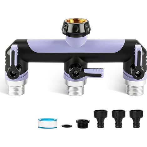 Répartiteur de robinet à 3 voies – Raccord de tuyau de 3/4" avec valves pour robinet de jardin et de cuisine – Violet (1/4)