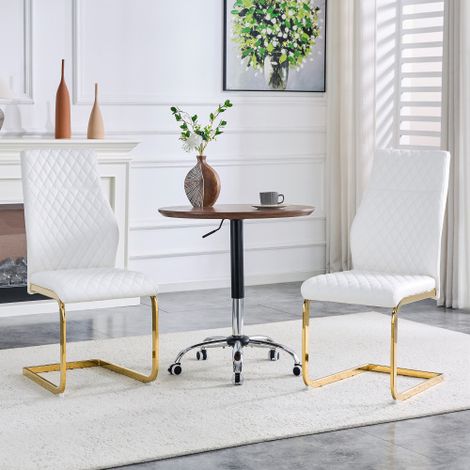 [Lot de 2] Chaises de salle à manger blanches matelassées en losanges : Dossier haut + coussin d'assise confortable  structure en métal doré  antidérapantes et robustes — idéales pour les salles à man (1/4)