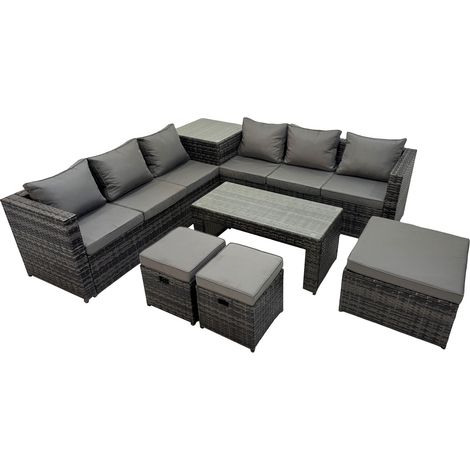 Fimous Garden Rattan Outdoor Furniture Set 9 Seater Patio Corner Sofa Oblong Coffee Table with 3 Stool Side Table Dark Grey (1/5)