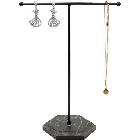 CCYKXA Jewelry Display Stand, Necklace Holder, Jewelry Display Stand, Jewelry Organizer, T-Shaped Metal Jewelry Display Stand, Marble Base, for Small Necklaces and Bracelets, Black