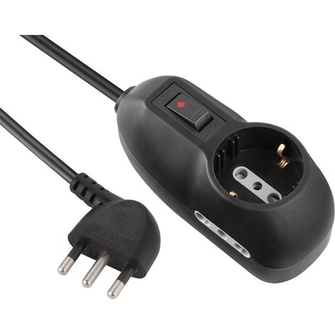 Multiprise, 3 places, 1 Schuko, 2 bivalentes 10/16A, câble 3 m, fiche petite 10A, noir, 3 m