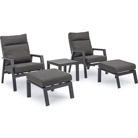 Sessel "Kledi" mit Kissen aus Aluminium und Texilene, verstellbar, für Garten und Terrasse -Set mit 2 Sesseln, Pouf und Couchtisch / Anthrazit
