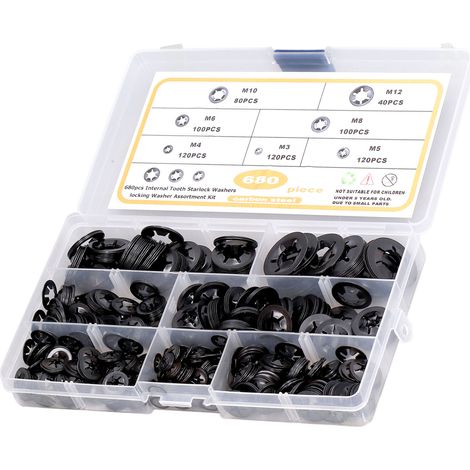 Kit d'assortiment de 680 rondelles Starlock plates à denture interne en acier au carbone M3-M12