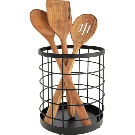Boîte de rangement pour couverts de comptoir de cuisine / porte-couverts cylindrique en métal (noir mat) (1/5)