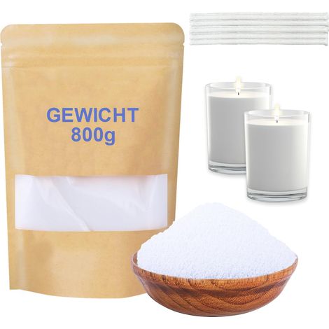 Cire de bougie - Sable de bougie - 800 g - Avec mèche - Avec 10 mèches de bougie (10 cm) - Cire végétale - Cire de palmier - Cire perlée - Blanc (1/5)