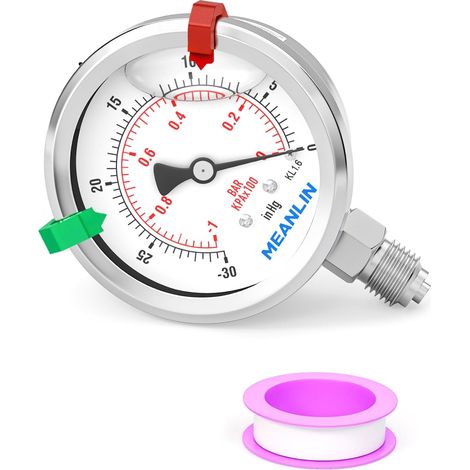 -10Bar/-300inHg Glycerine Filled Vacuum Pressure Gauge with 316 Stainless Steel Fitting 1/4" BSP, 2.5" DIAL FACE,Bottom Mount (1/5)